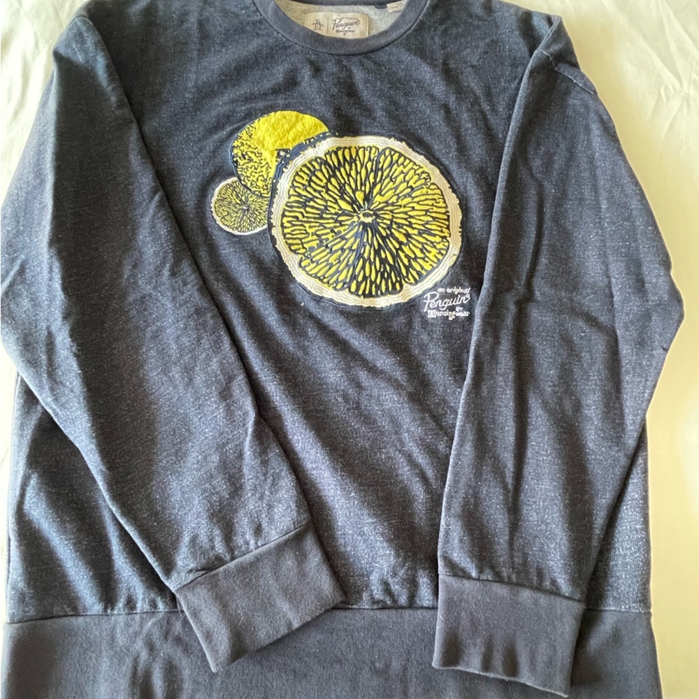 Used- Penguin blue men’s sweater with lemon print